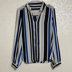 Anne Klein A/K Urban Striped Button Up Long Sleeve Blouse Blue Black White Sz 12
